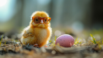 Obraz premium Fluffy yellow Easter chick wearing sunglasses standing next to speckled pink egg on ground with warm sunlight and bokeh background, evoking cheerful springtime and festive holiday mood