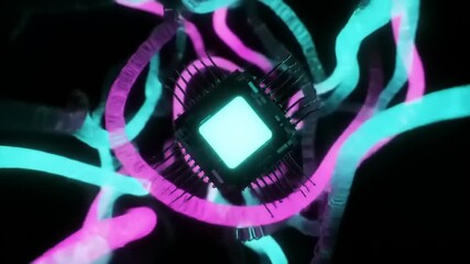 Hypnotic neon light trails and glowing digital core illuminate a dark, abstract technological space, symbolizing advanced data processing and interconnected systems - Powered by Adobe