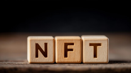 Word NFT from wooden blocks with letters spelling concept, non-fungible token visualization, cryptocurrency business, blockchain technology representation, digital asset concept, m