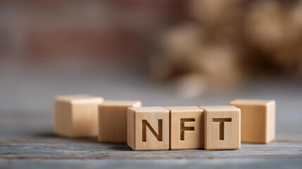 Word NFT from wooden blocks with letters spelling concept, non-fungible token visualization, cryptocurrency business, blockchain technology representation, digital asset concept, m