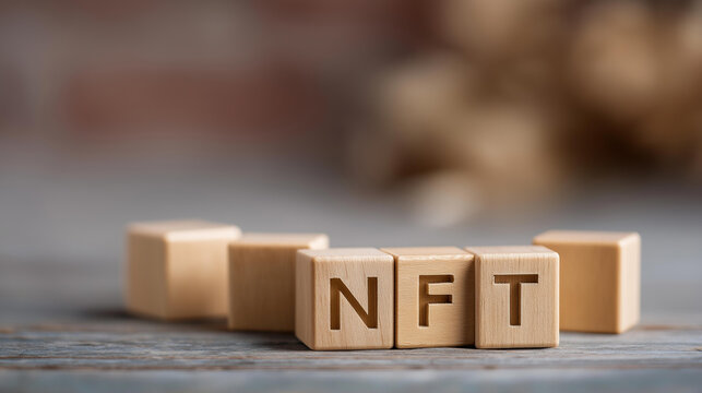 Word NFT from wooden blocks with letters spelling concept, non-fungible token visualization, cryptocurrency business, blockchain technology representation, digital asset concept, m - Powered by Adobe