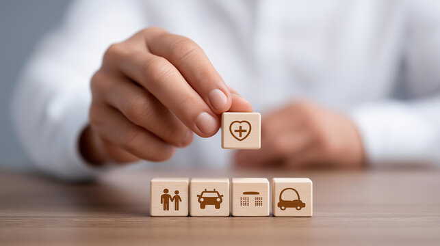 Faceless businessman putting wooden cube block stacking with insurance and assurance icon including family health real estate car financial for risk management concept, defocused h