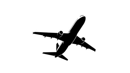 Black silhouette icon of a commercial passenger jet airplane taking off or climbing against a stark white background representing travel and aviation