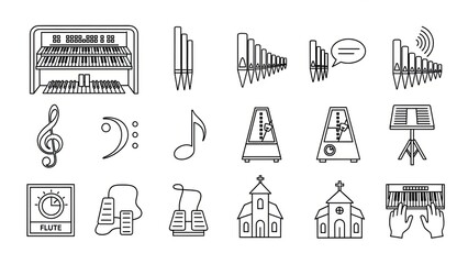 Collection of musical and religious instrument icons in clean outline style perfect for design