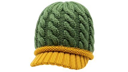Isolated green and gold knitted winter hat with visor, warm knitted garment for cold weather