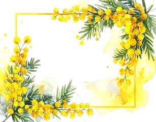 ミモザのスクエアフレーム　水彩イラスト