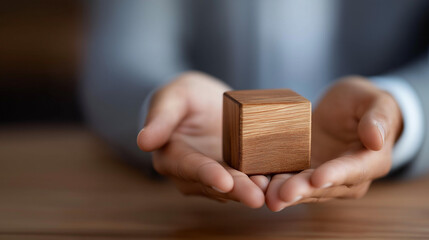 Faceless businessman presenting wooden cube with flipped block, symbolizing decision-making and strategic choices in corporate settings, business pivot visualization, defocused han