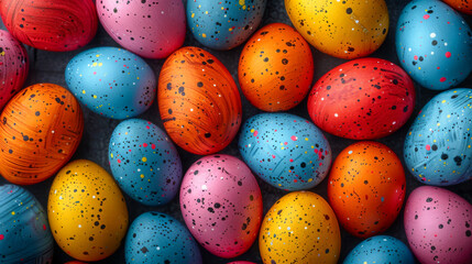 Top view of colorful Easter eggs in vivid blue, pink, orange, and purple shades decorated with shimmering metallic dots and patterns on a dark background, festive and luxurious springtime concept