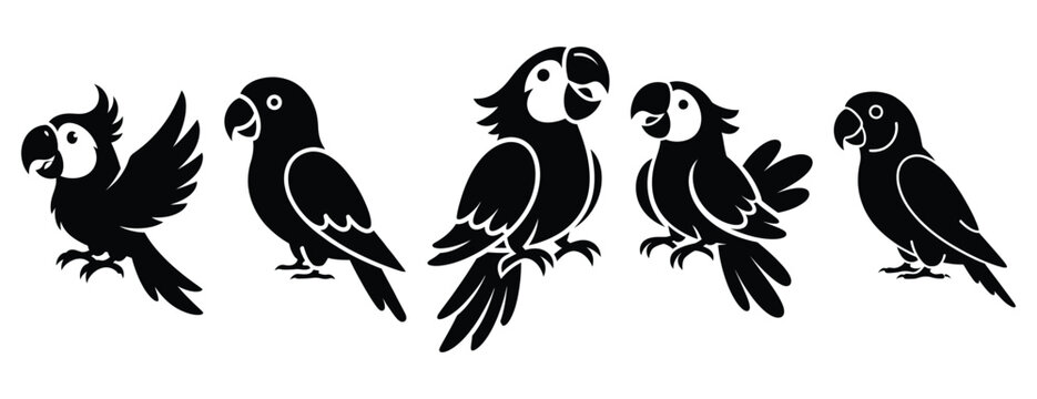 peppy parrot silhouette icon set. Animals icons collection. Animal silhouette icons. Isolated on White background