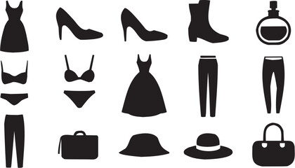 Women's Fashion Icons Including Dresses High Heels Boots and Hats. A black-and-white illustration representing apparel and accessories
