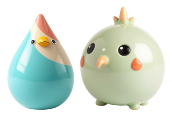  Two cute ceramic bird toys in pastel colors on transparent background
