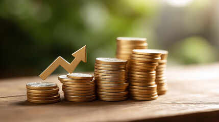 Arrow symbol on stack of coins arranged in ascending steps, financial growth visualization, wealth accumulation concept, investment progress indicator, monetary increase representa
