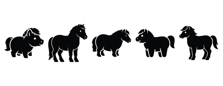 pudgy pony silhouette icon set. Animals icons collection. Animal silhouette icons. Isolated on White background