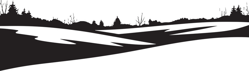 Black and white silhouette of a winter landscape with trees and snow