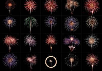 Assorted fireworks display with colorful bursts and patterns against black night sky, perfect for celebrations, holidays, and festive events

