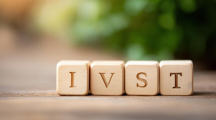 Invest word on wooden cubes display, saving and investment business financial concept, wealth building visualization, capital growth representation, monetary strategy planning, wit