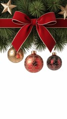 Vertical Christmas mobile ad background with luxury velvet ribbon and gold ornaments, designed with clean lower space for festive messaging and promotions.