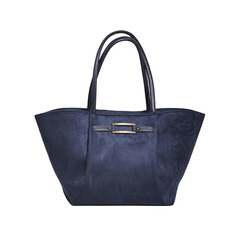 Soft, navy blue tote bag featuring smooth fabric material and pleated details. Distinguished by sleek metallic handles and a modern buckle clasp, this chic shopping accessory is isolated on a clean