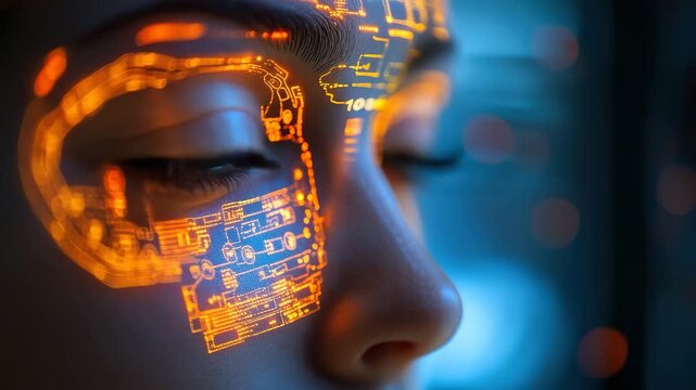 Representation of artificial intelligence interface on a human face depicting advanced technology and coding concepts in a futuristic setting