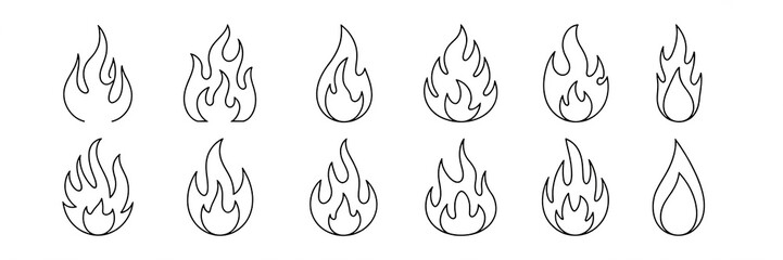 Various stylized flame icons in black outline fire symbol
