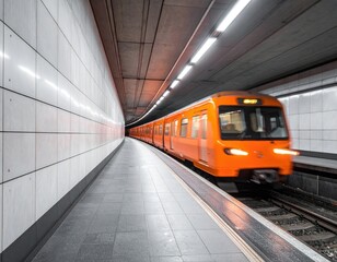 Fototapeta premium Orange train speeds through tiled tunnel