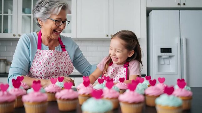 Grandmother and Granddaughter Baking Cupcakes Together and Laughing