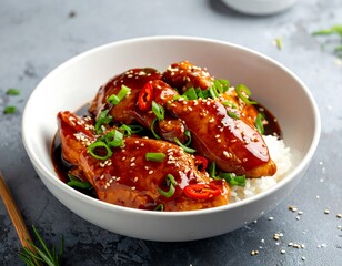 Glazed chicken atop rice, garnished with sesame seeds, scallions and sliced chilis, in a white bowl