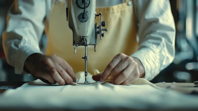 Indian man skillfully sewing fabric using a sewing machine in a workshop during daytime