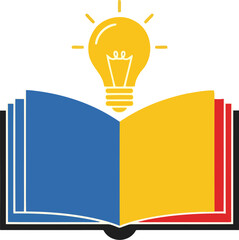 Vector icon of open book with glowing light bulb above it, symbolizing knowledge, idea, and learning white