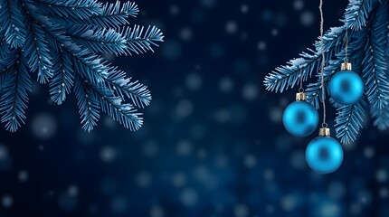 Snow dusted blue pine Christmas backdrop with falling snow