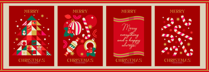 Merry Christmas and Happy New Year cards. Set of Retro-style geometric holiday posters featuring a Christmas tree, candy cane, ornaments, and typography. Winter holiday banner design.
