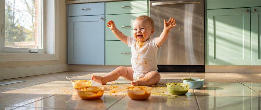 Baby plays with food on kitchen floor during mealtime - Powered by Adobe