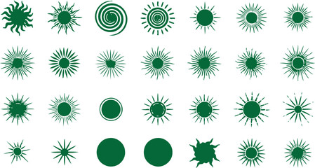 Collection of abstract green shapes and splatters arranged in a grid pattern on a white background