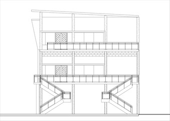2D technical architectural drawing of the side facade elevation of a multi-story shophouse or mixed-use building. Related to architectural elevation drafting, exterior wall material representation