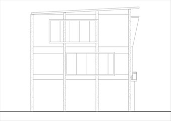 2D technical architectural drawing of the side facade elevation of a multi-story shophouse or mixed-use building. Related to architectural elevation drafting, exterior wall material representation