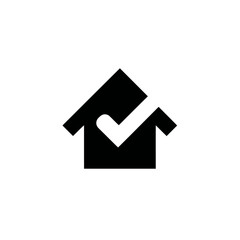 Black house icon with checkmark vector. Approved home, verified property, real estate success symbol, smart house security graphic.