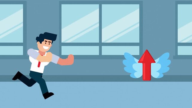 A businessman runs after a flying red arrow with wings, symbolizing growth, progress, ambition, and the pursuit of success in business, set in an office background.


