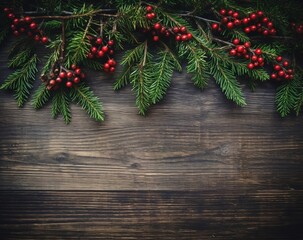 Christmas fir branches with red berries on dark wooden background