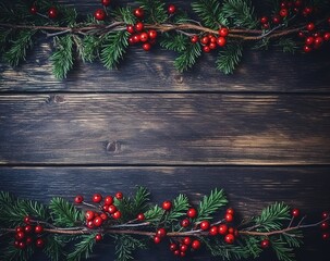 Christmas background with pine branches and red berries on a dark wooden table, in a flat lay. Christmas tree garland border on an old wood texture background. New Year decoration concept. 