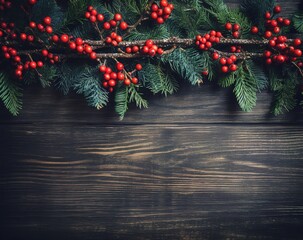 Christmas fir branches with red berries on dark rustic wooden background