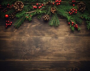 Christmas fir branches with pinecones and red berries on rustic wooden background