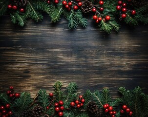Christmas fir branches with red berries and pine cones on dark wooden background