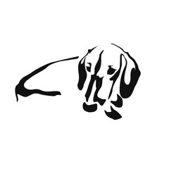 Vector drawing of a dog. Black and white gestalt design of a funny pet. Little doggy. Cute animal illustration. Postcard for International Dog Day. Drawing of an animal in the Gestalt style.	
