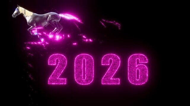 Futuristic carbon fiber horse run with colorful circuit tail and 2026 digits emitting digital particles in seamless loop animation. High tech concept created by 3D modeling.