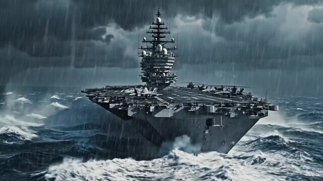 Military  aircraft carrier ship carrying fighter jets and helicopters sails in the rain during bad weather 