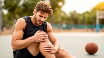 Male athlete feeling knee pain on basketball court after sports injury, suffering from physical body ache. Knee pain