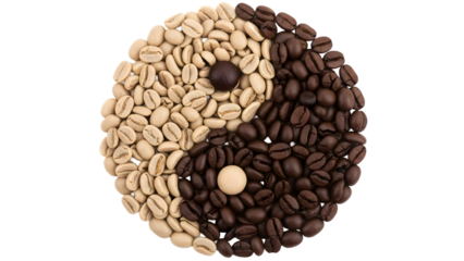 Yin yang symbol made of coffee beans isolated on transparent background