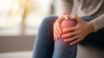 Woman feeling severe knee pain, inflamed joint highlighted in red, showing symptoms of injury or arthritis. Knee pain