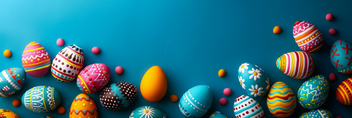 A vibrant collection of Easter eggs arranged in a partial border along the bottom edge of a bright blue background. Each egg is uniquely hand-painted with bold, whimsical patterns stripes, polka dots