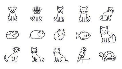 Simple line art illustration featuring a variety of domestic animals in a minimalist style